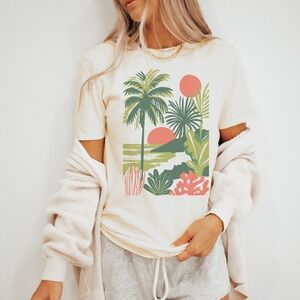 Tropical Retro Graphic Tee Double Sunset Palm Trees 70s Nature Art